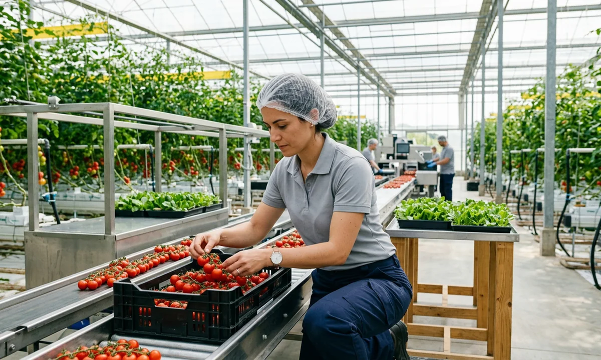 A worker inspecting fresh produce in an agri-food facility