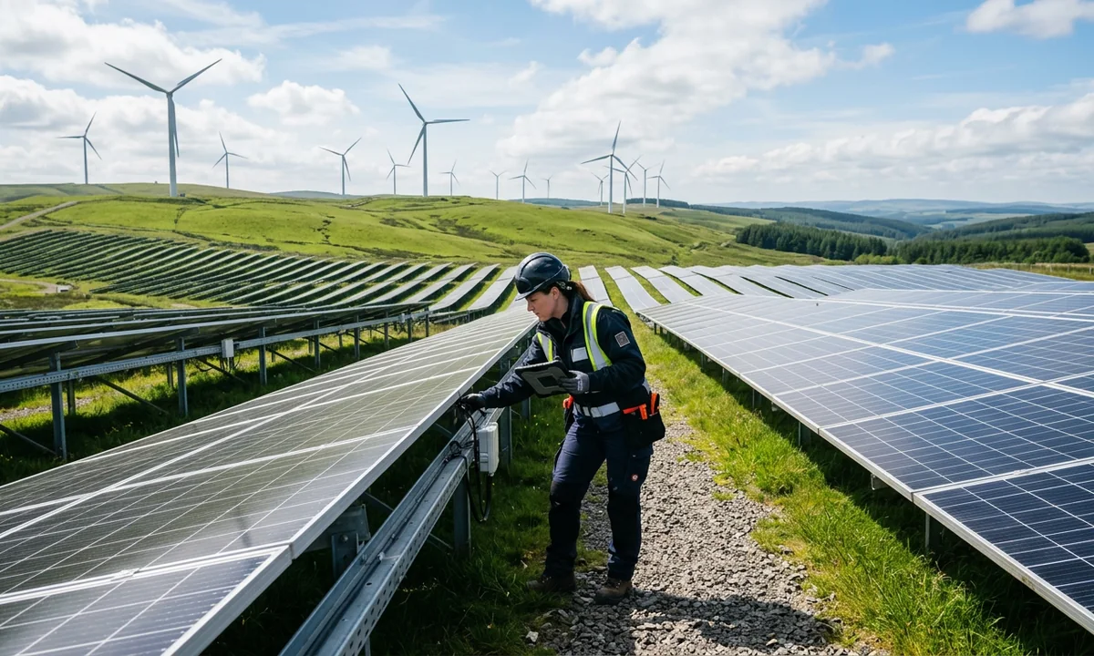 A technician inspecting solar panels with wind turbines behind