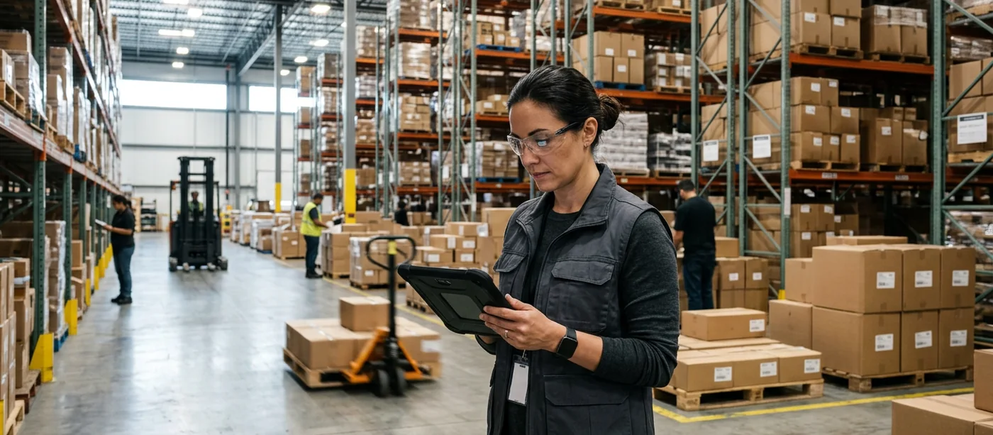Warehouse team checking inbound pallets against a purchase order